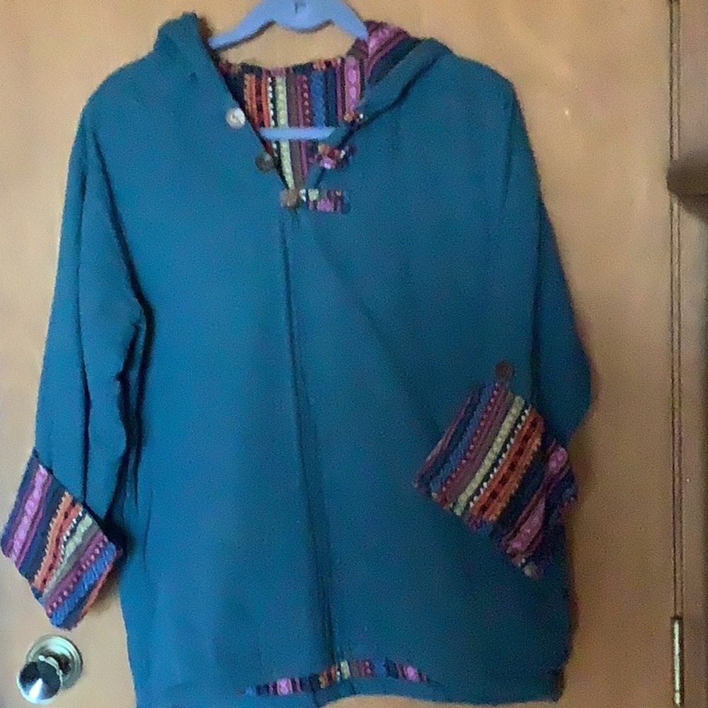 Teal Hooded Jacket with Multicolor Accents